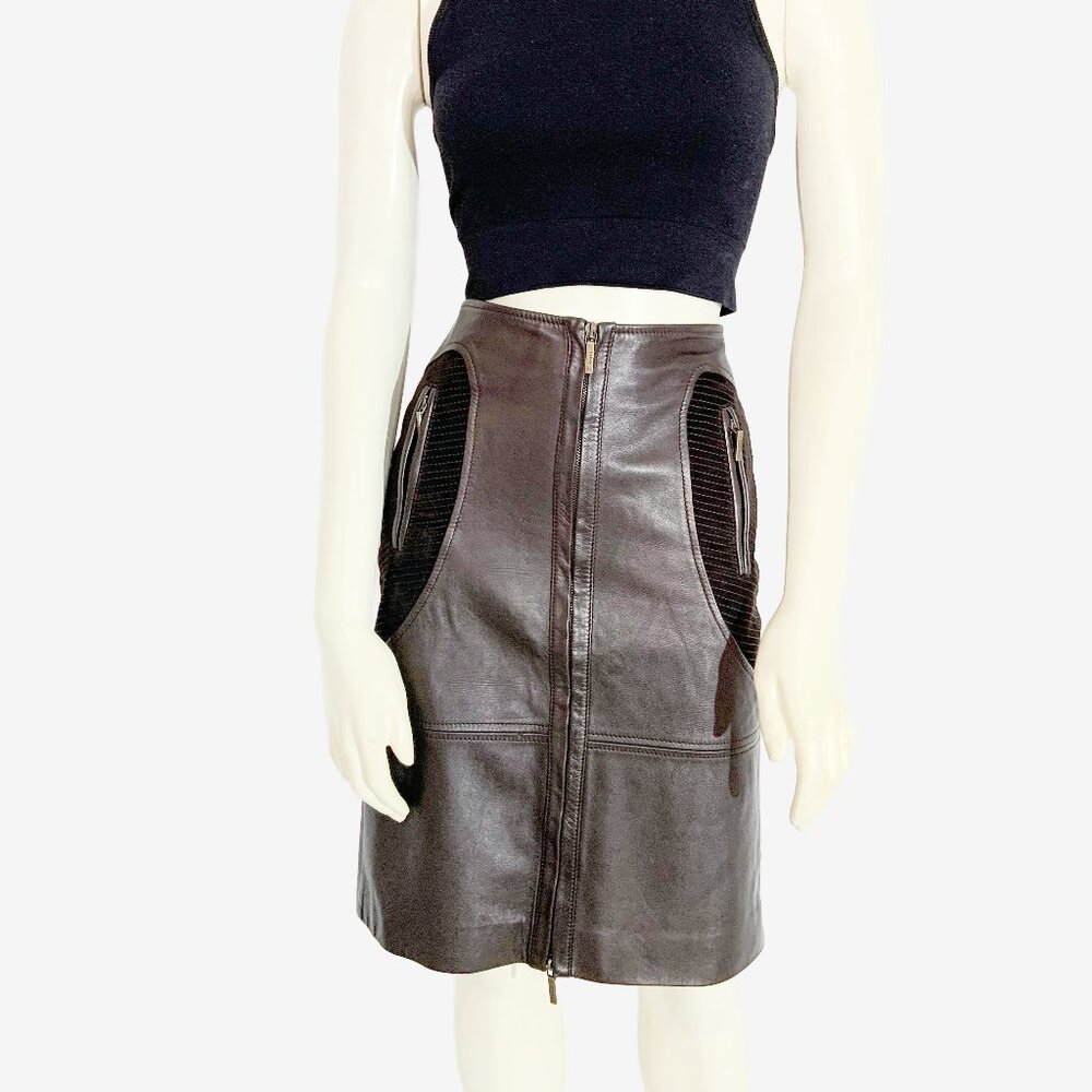 BOSS by HUGO BOSS Brown Leather and Suede Midi Skirt / size Small-Medium